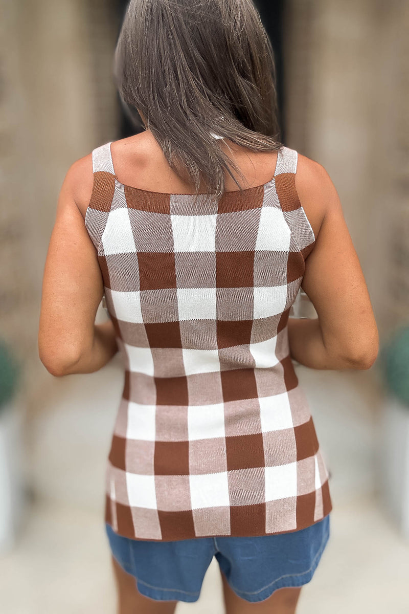 Mable Brown Gingham Plaid Knit Top