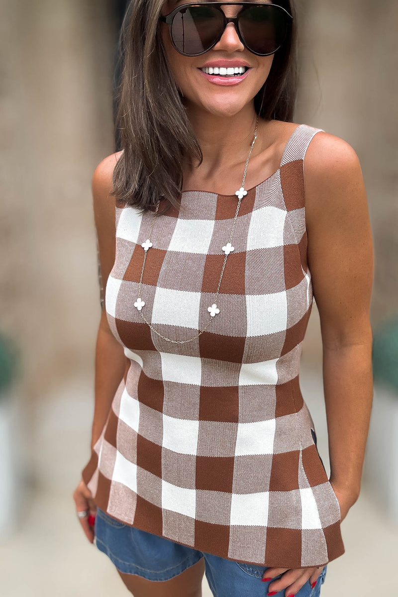 Mable Brown Gingham Plaid Knit Top
