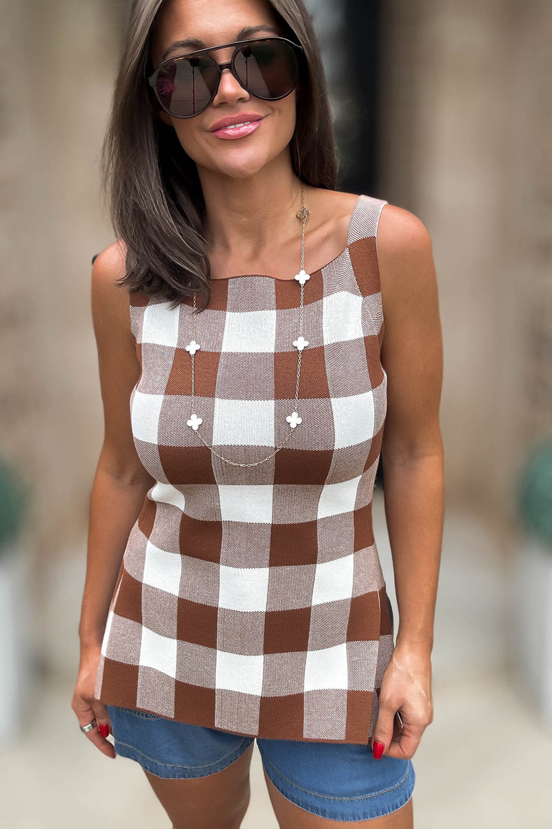 Mable Brown Gingham Plaid Knit Top