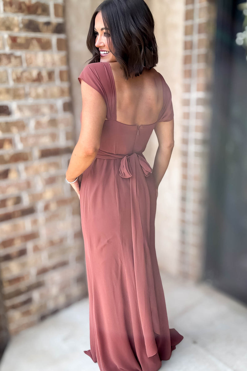 Sleeveless Detailed Rust Sleeveless Detailed Front Slit Maxi Gown Dress