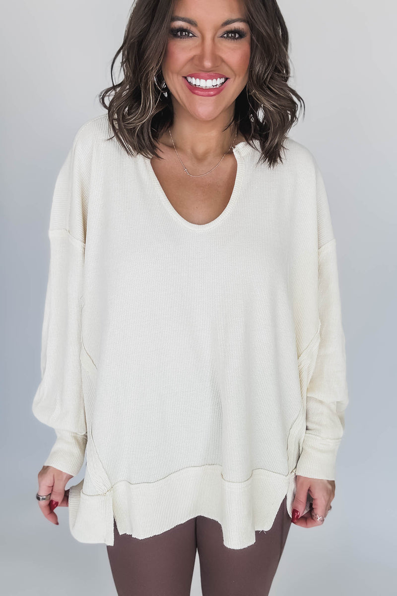 Cotton Blend White Sand Waffle Knit Oversized Long Sleeve