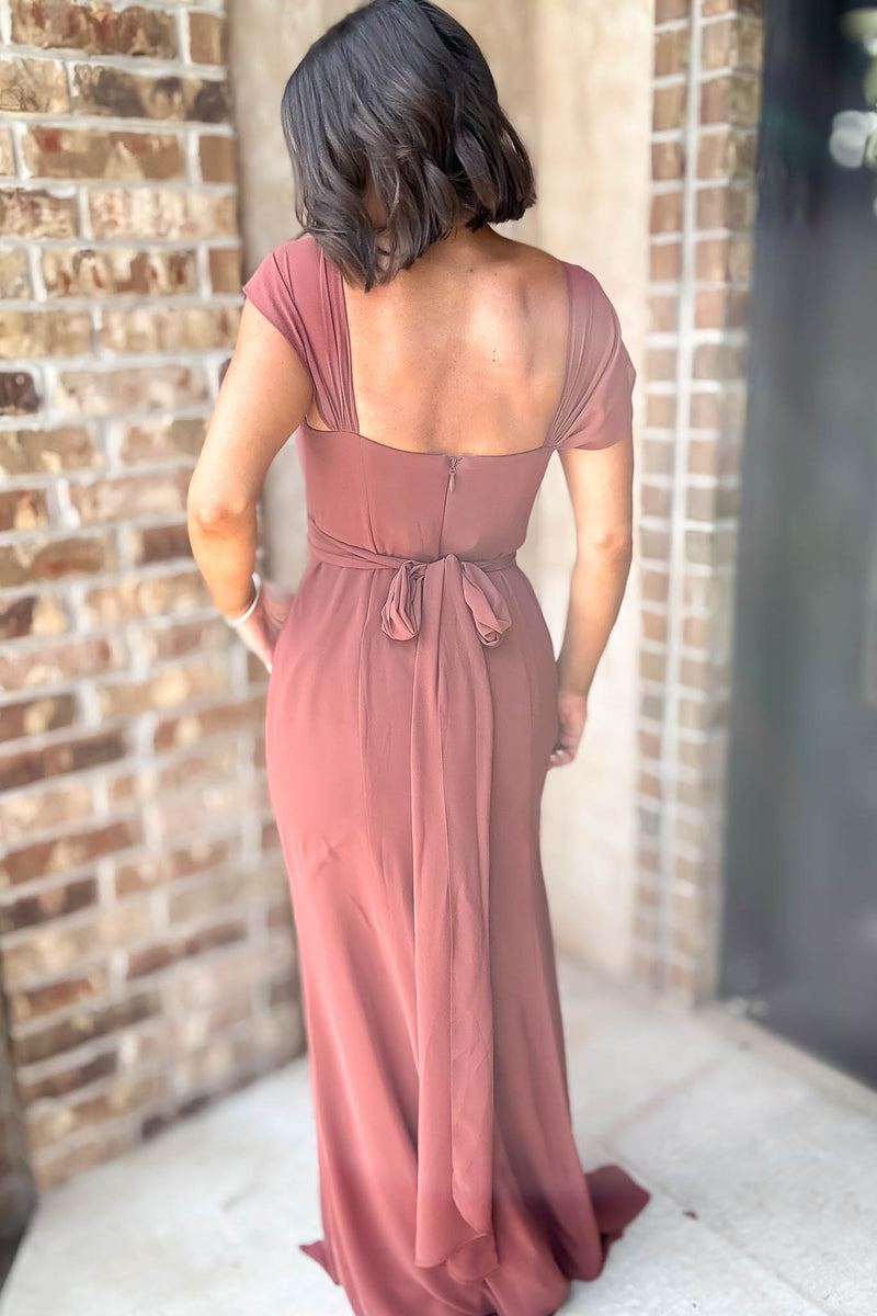 Sleeveless Detailed Rust Sleeveless Detailed Front Slit Maxi Gown Dress