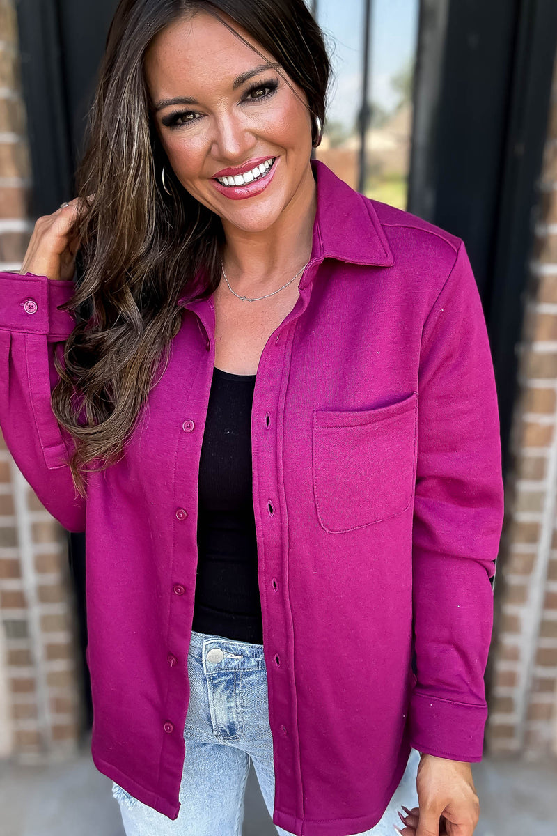 Button Up Magenta Fleece Shirt Jacket