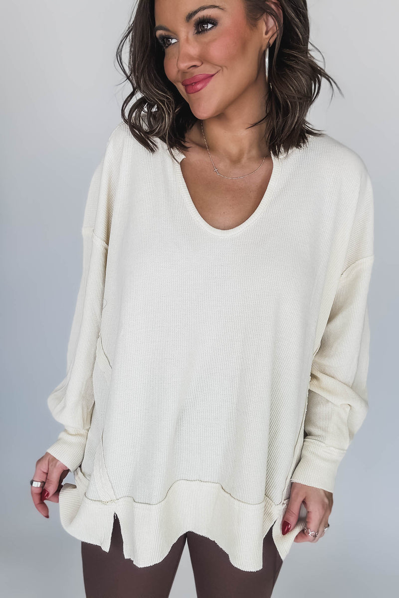 Cotton Blend White Sand Waffle Knit Oversized Long Sleeve