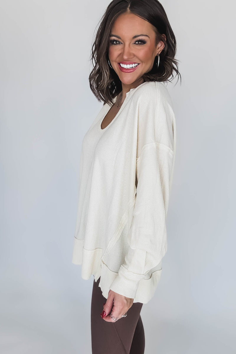 Cotton Blend White Sand Waffle Knit Oversized Long Sleeve