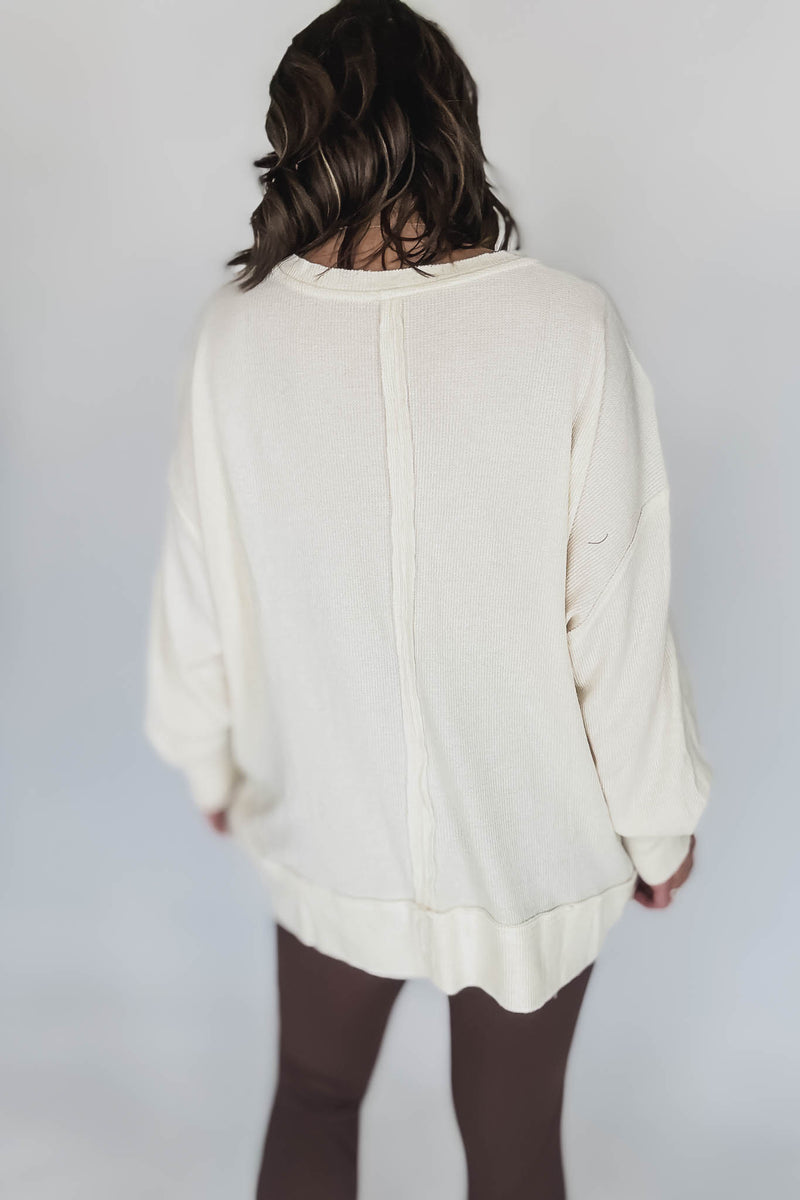 Cotton Blend White Sand Waffle Knit Oversized Long Sleeve