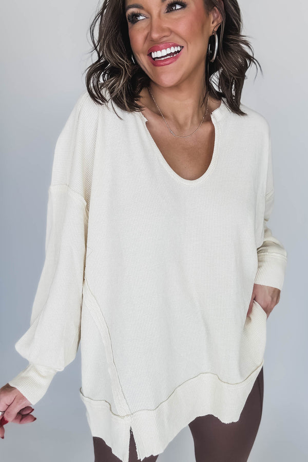 Cotton Blend White Sand Waffle Knit Oversized Long Sleeve