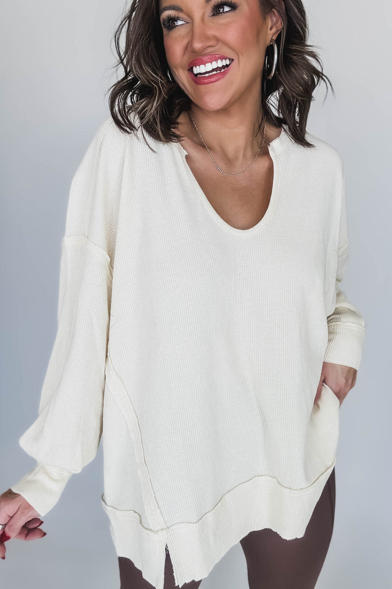 Cotton Blend White Sand Waffle Knit Oversized Long Sleeve