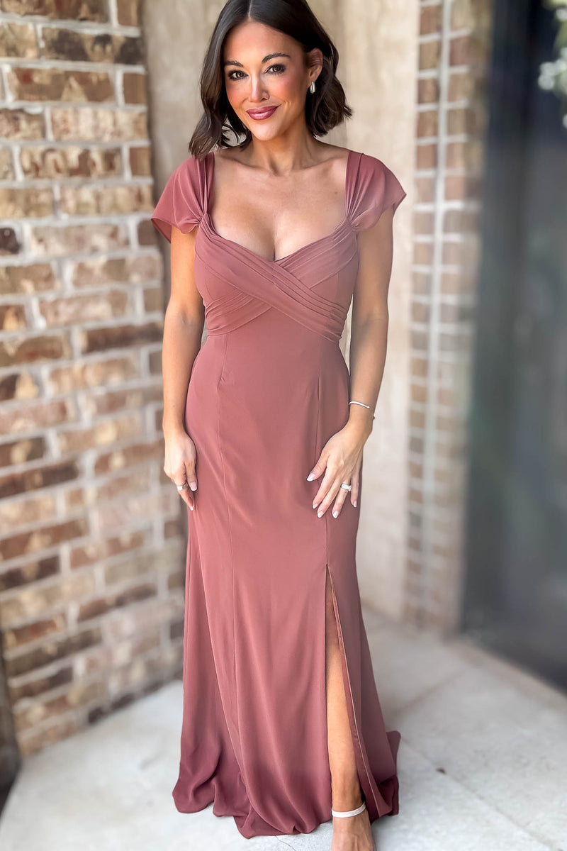 Sleeveless Detailed Rust Sleeveless Detailed Front Slit Maxi Gown Dress