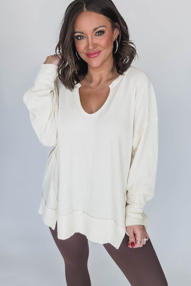 Cotton Blend White Sand Waffle Knit Oversized Long Sleeve
