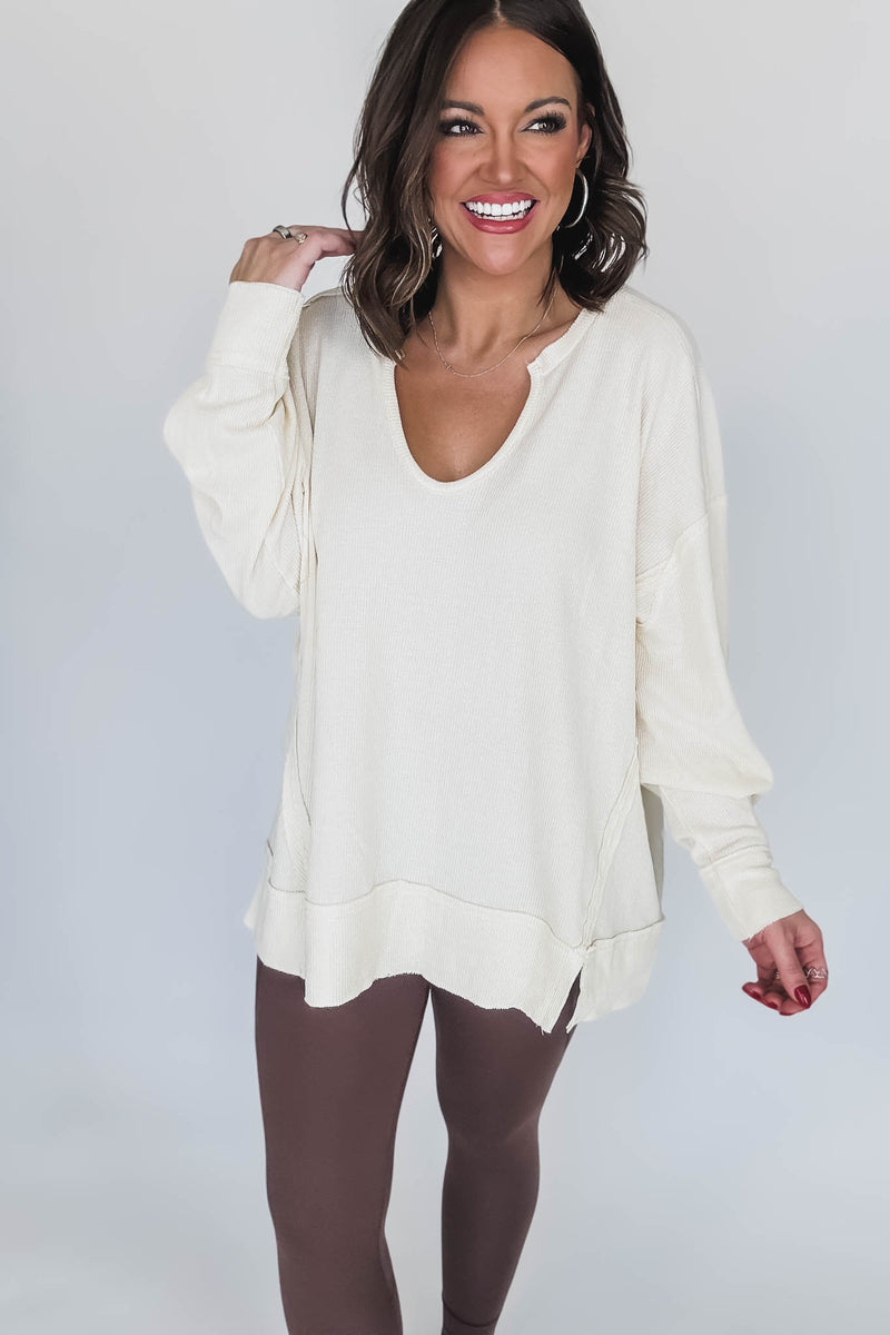 Cotton Blend White Sand Waffle Knit Oversized Long Sleeve