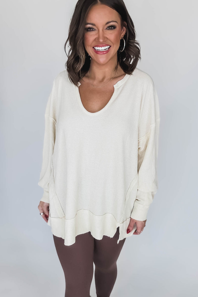 Cotton Blend White Sand Waffle Knit Oversized Long Sleeve