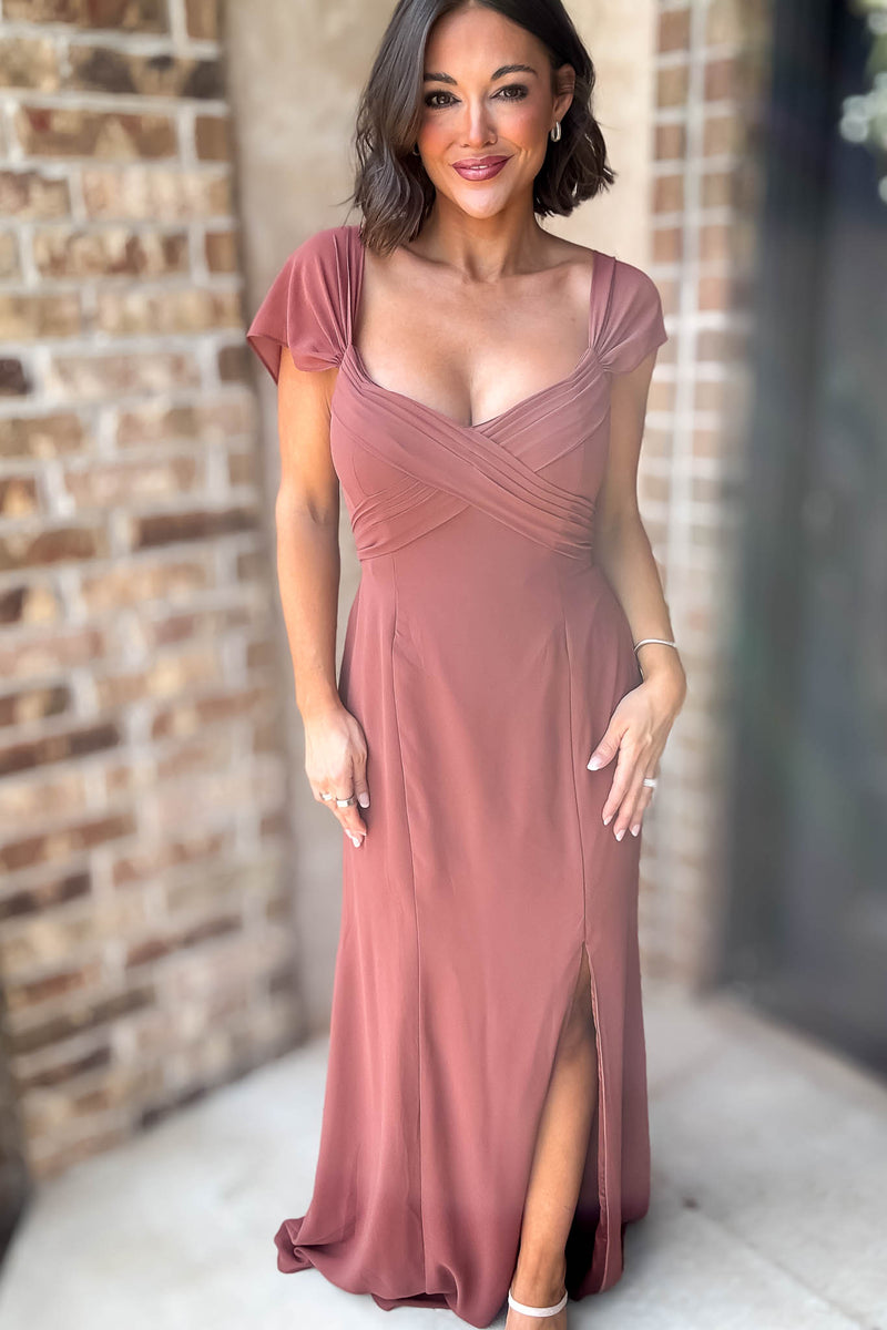Sleeveless Detailed Rust Sleeveless Detailed Front Slit Maxi Gown Dress