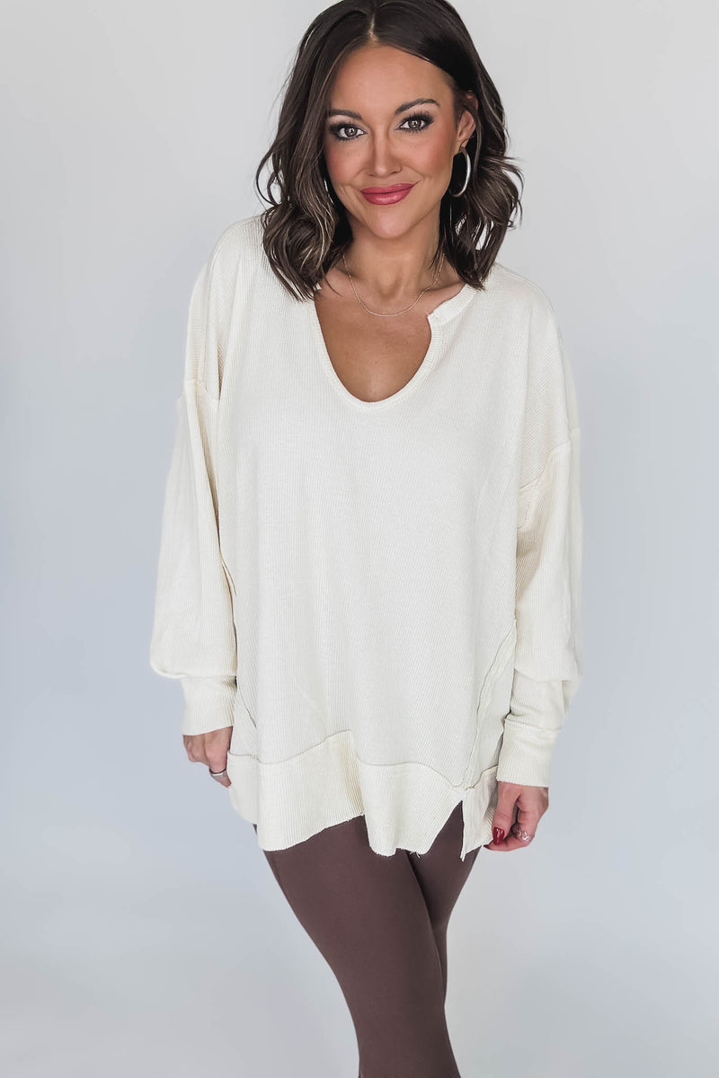 Cotton Blend White Sand Waffle Knit Oversized Long Sleeve