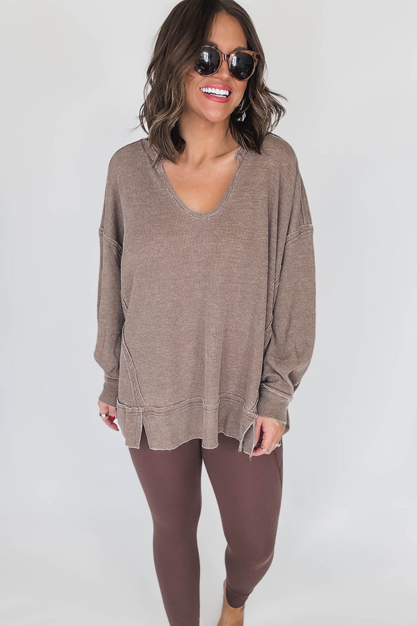Cotton Blend Dark Earth Waffle Knit Oversized Long Sleeve