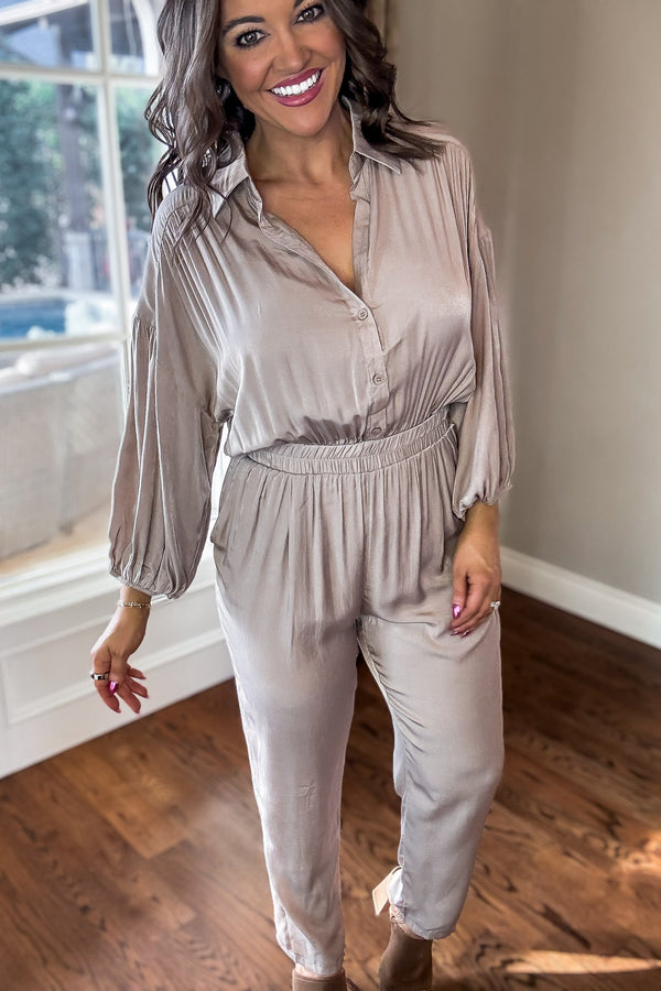 Ash Latte Collared Button up Jumpsuit