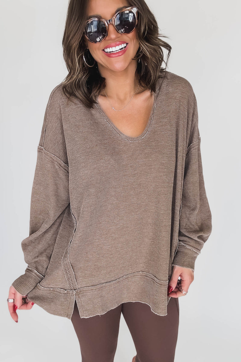 Cotton Blend Dark Earth Waffle Knit Oversized Long Sleeve