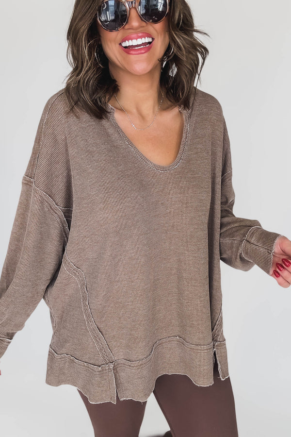 Cotton Blend Dark Earth Waffle Knit Oversized Long Sleeve