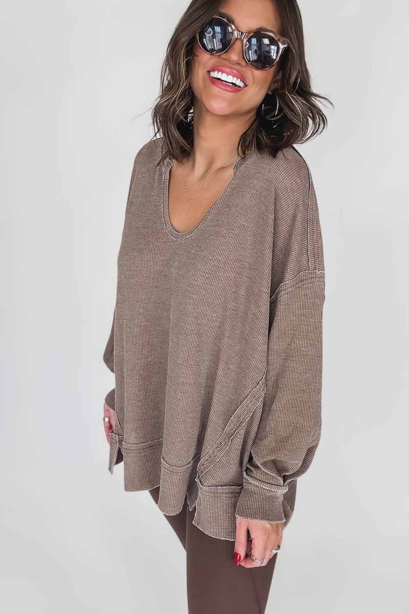 Cotton Blend Dark Earth Waffle Knit Oversized Long Sleeve