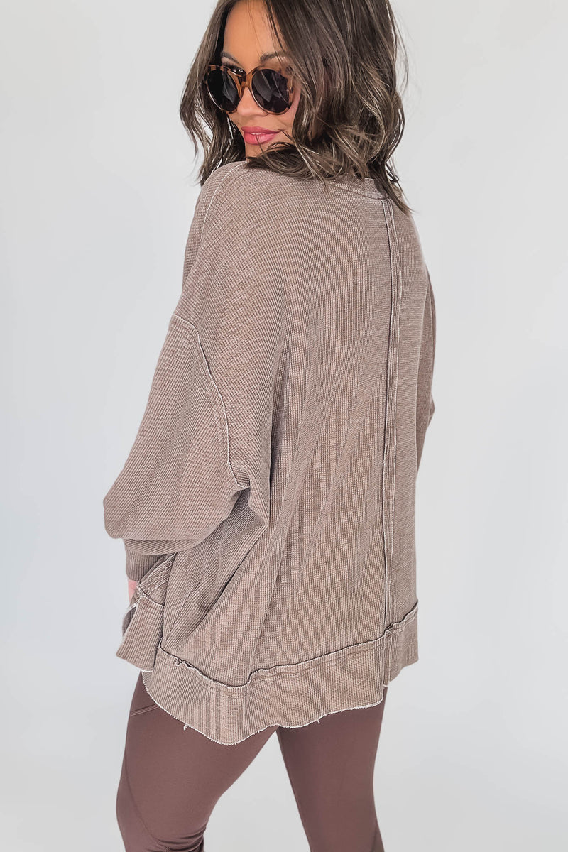 Cotton Blend Dark Earth Waffle Knit Oversized Long Sleeve