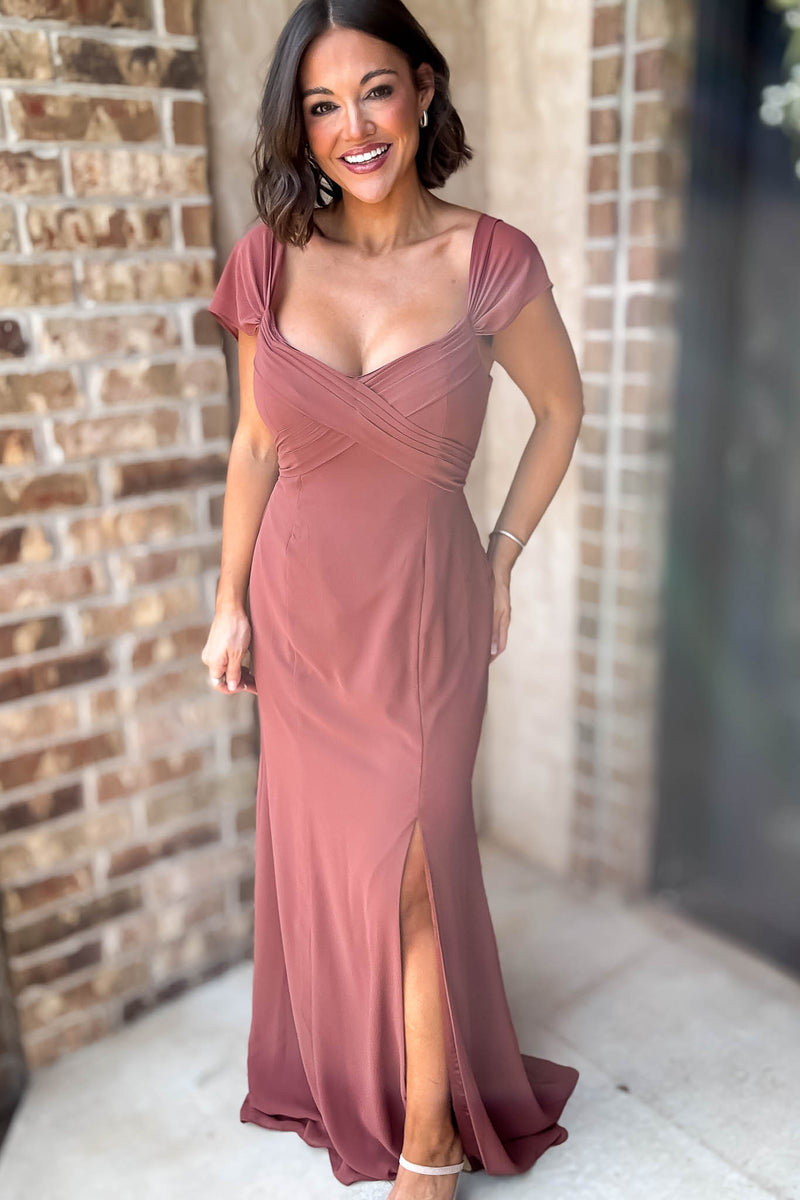 Sleeveless Detailed Rust Sleeveless Detailed Front Slit Maxi Gown Dress