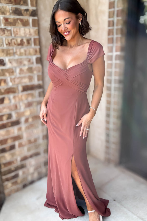Sleeveless Detailed Rust Sleeveless Detailed Front Slit Maxi Gown Dress