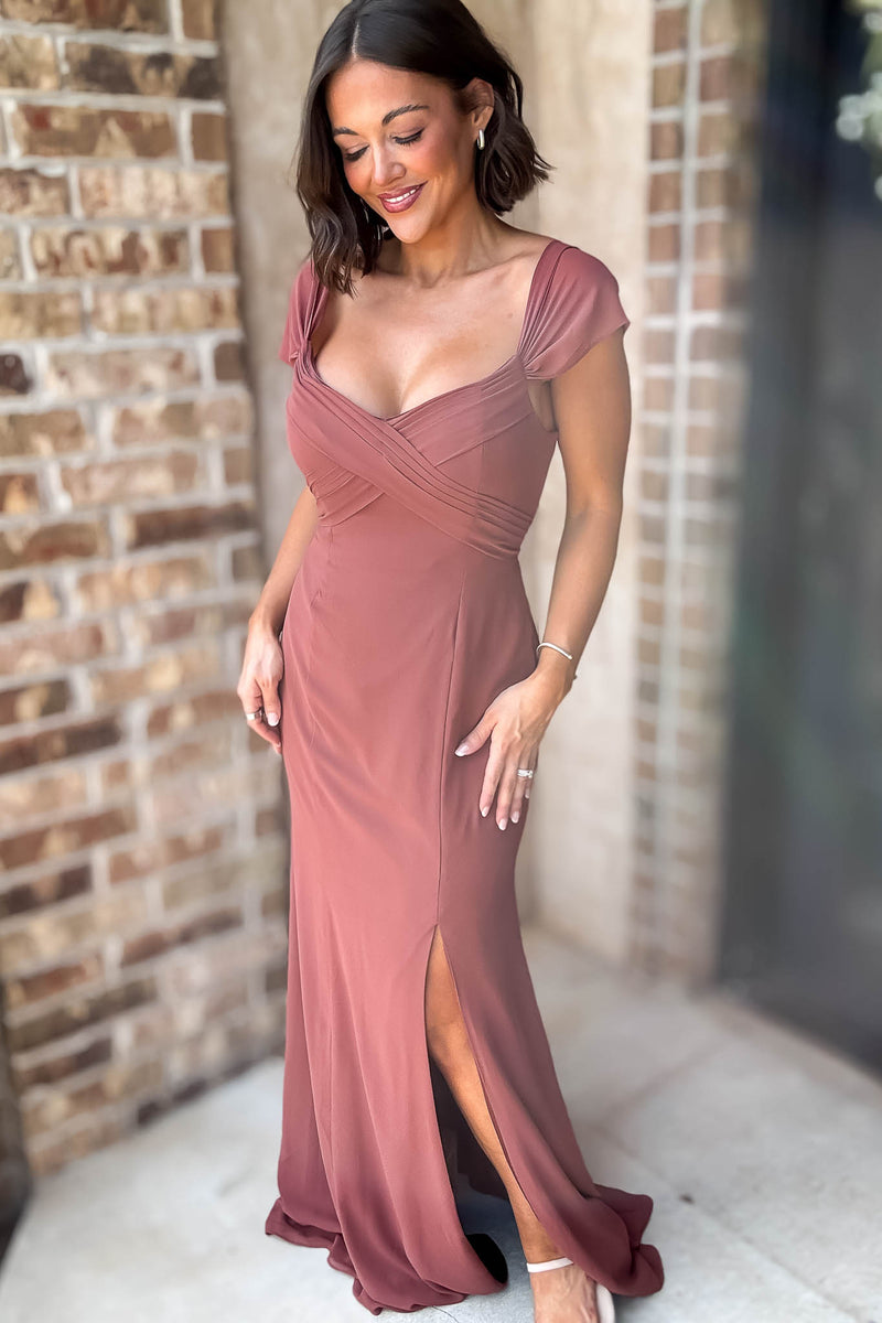 Sleeveless Detailed Rust Sleeveless Detailed Front Slit Maxi Gown Dress