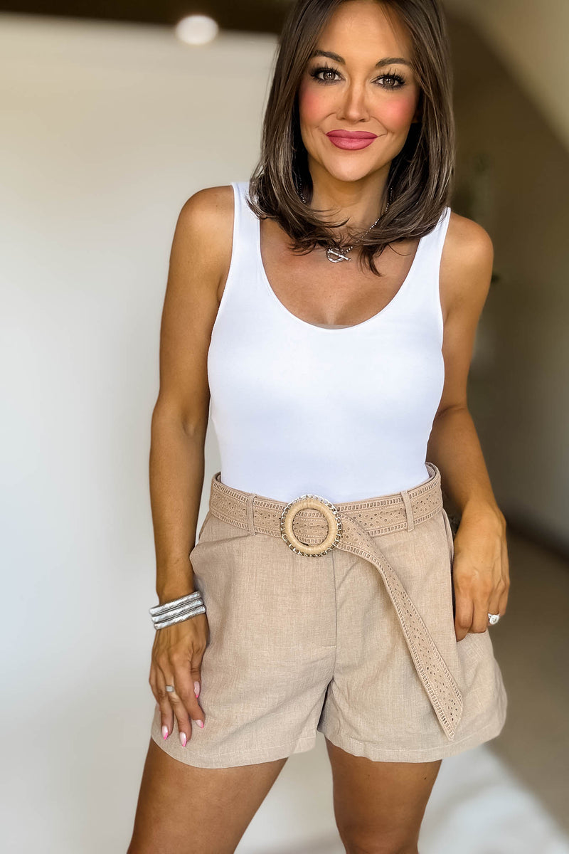 Belt Embroidery Detail Natural Shorts