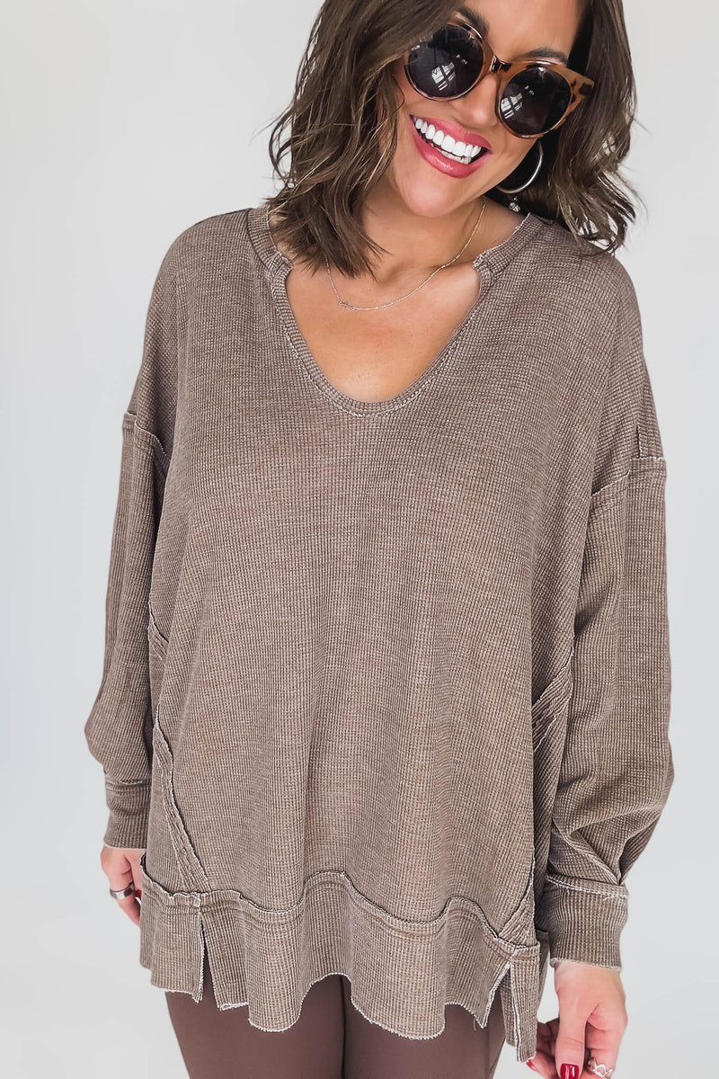 Cotton Blend Dark Earth Waffle Knit Oversized Long Sleeve