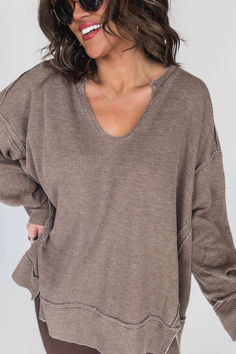 Cotton Blend Dark Earth Waffle Knit Oversized Long Sleeve