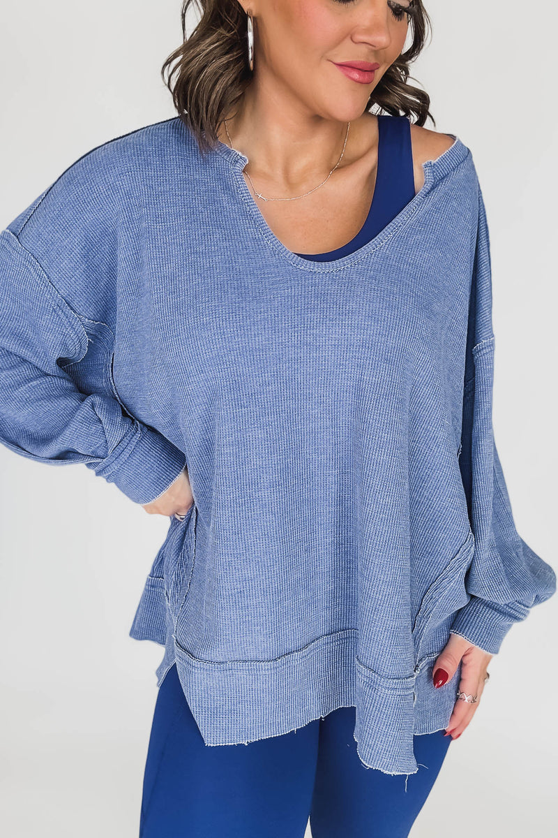 Cotton Blend True Blue Waffle Knit Oversized Long Sleeve