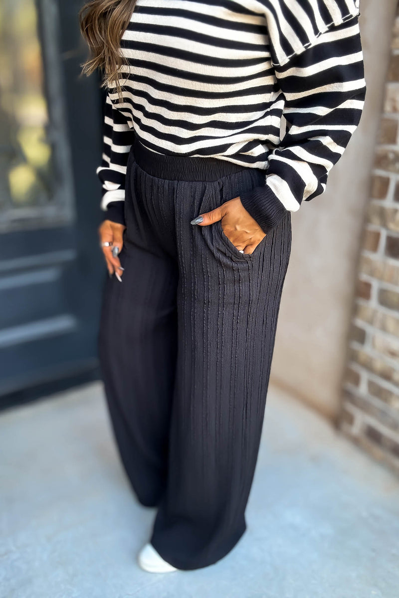 Black Textured Wide Leg Pants