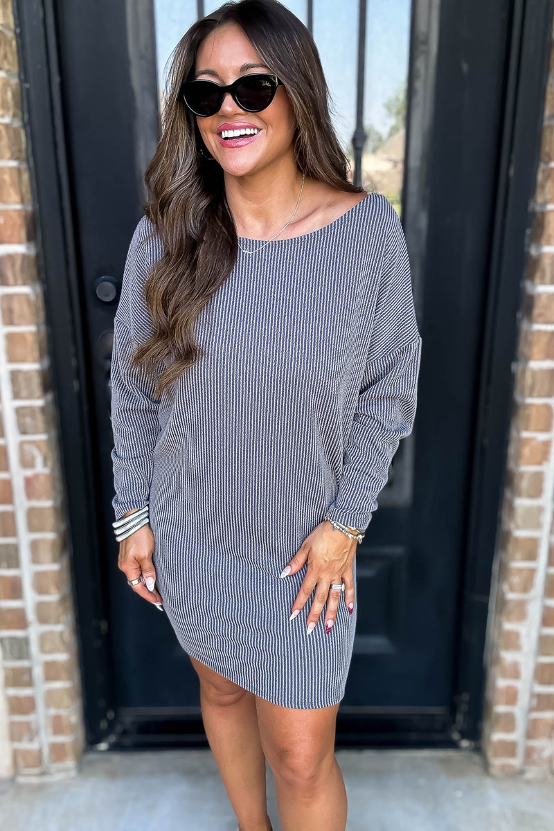 Off The Shoulder Grey Ribbed Dress