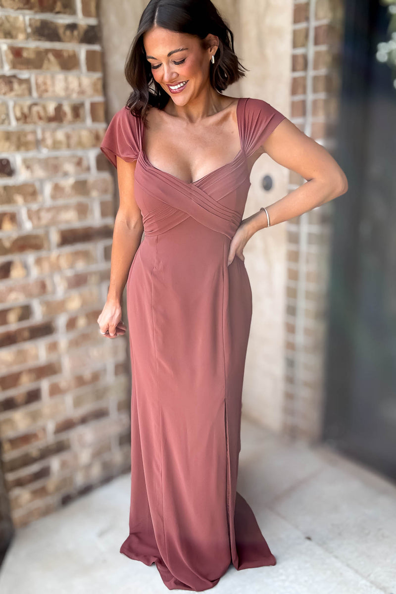 Sleeveless Detailed Rust Sleeveless Detailed Front Slit Maxi Gown Dress