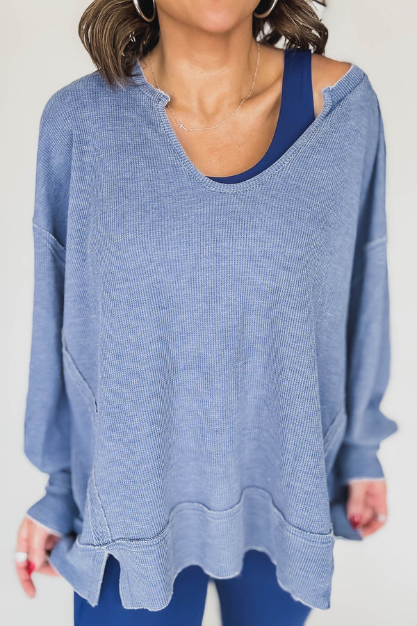 Cotton Blend True Blue Waffle Knit Oversized Long Sleeve