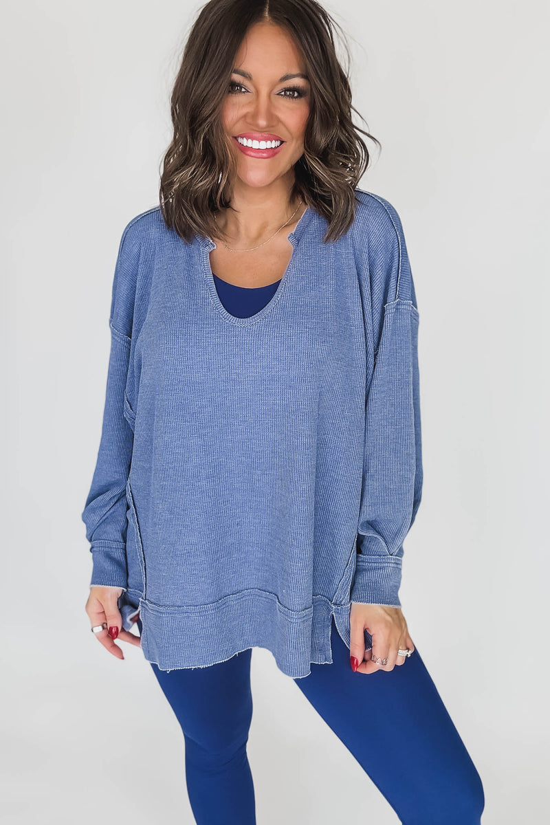 Cotton Blend True Blue Waffle Knit Oversized Long Sleeve