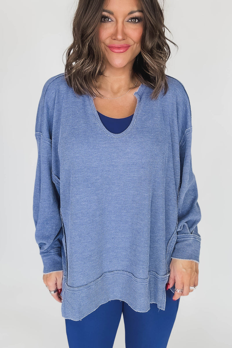 Cotton Blend True Blue Waffle Knit Oversized Long Sleeve