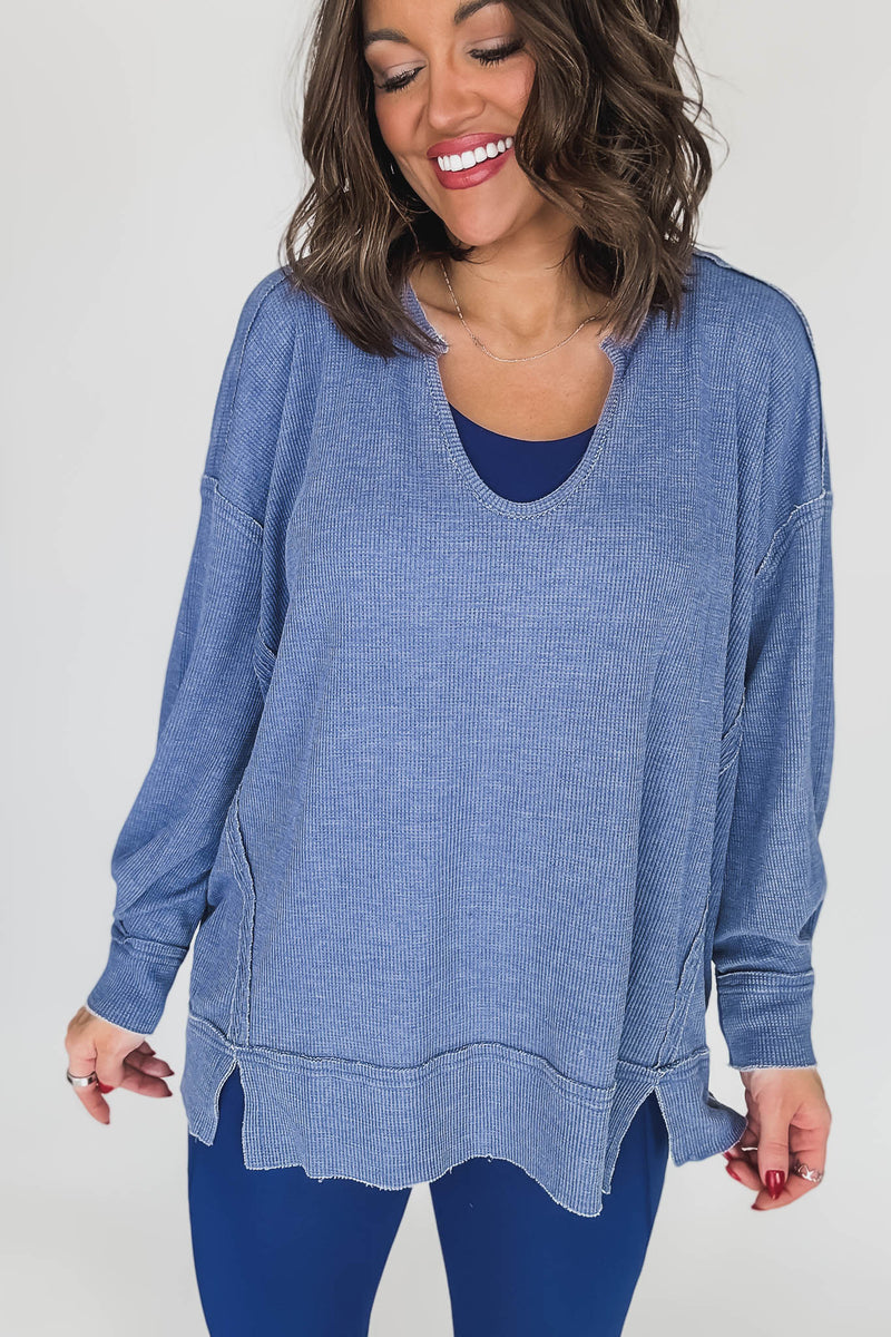 Cotton Blend True Blue Waffle Knit Oversized Long Sleeve