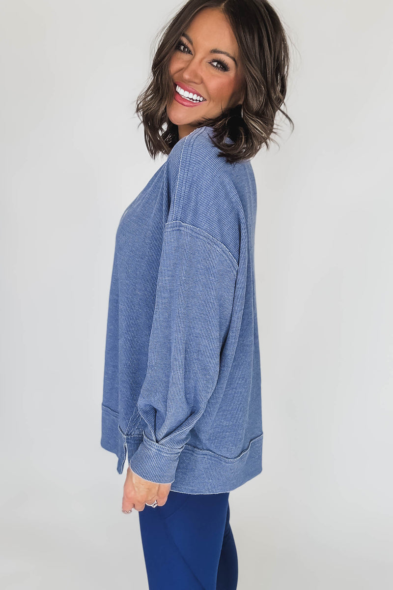 Cotton Blend True Blue Waffle Knit Oversized Long Sleeve
