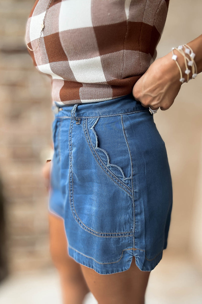 Mable Gone Country Scallop Detail Denim Shorts
