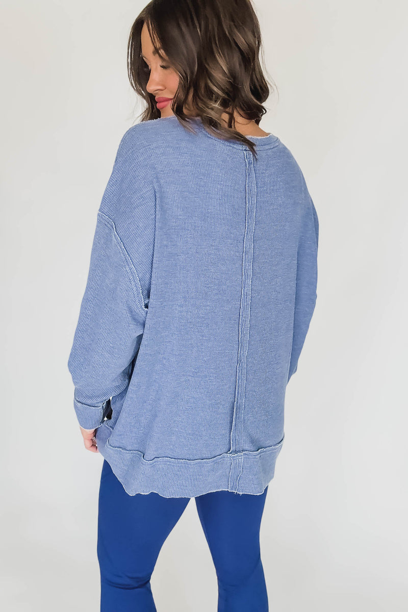 Cotton Blend True Blue Waffle Knit Oversized Long Sleeve