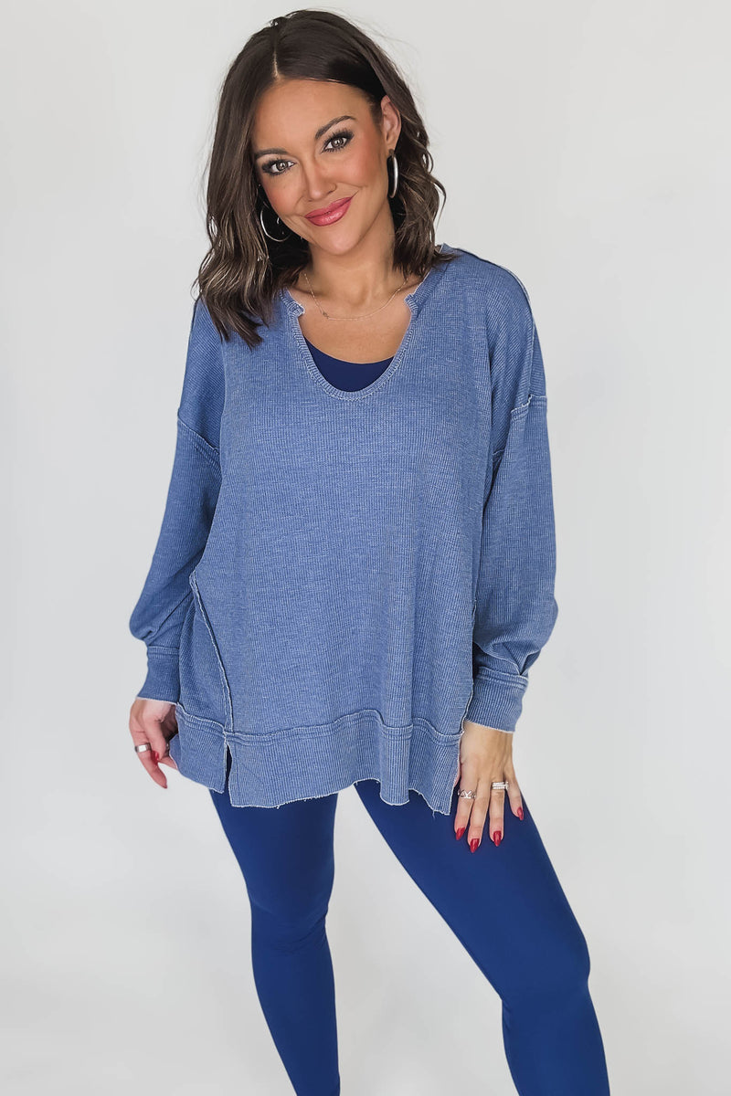 Cotton Blend True Blue Waffle Knit Oversized Long Sleeve