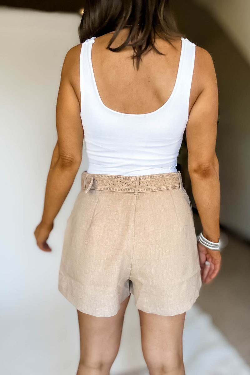 Belt Embroidery Detail Natural Shorts