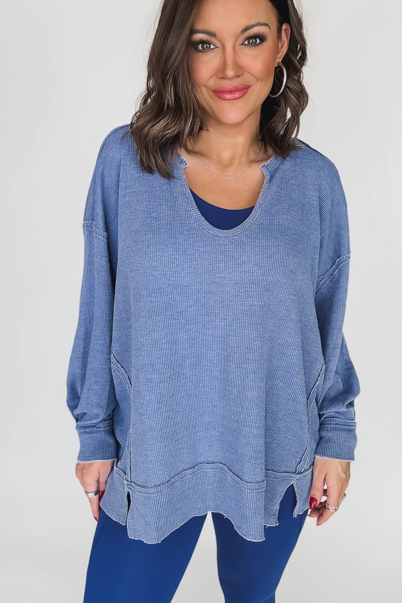 Cotton Blend True Blue Waffle Knit Oversized Long Sleeve