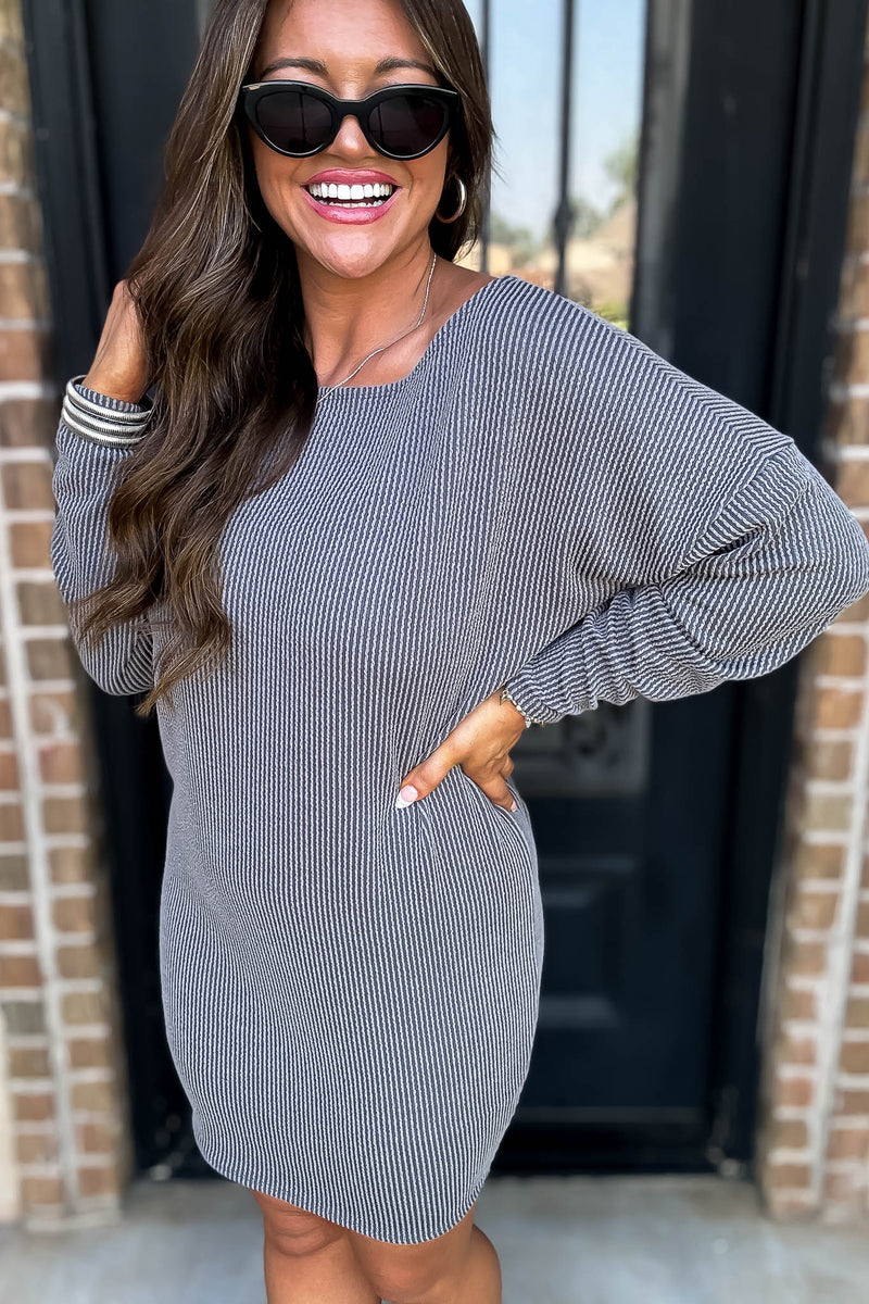 Off The Shoulder Grey Ribbed Dress