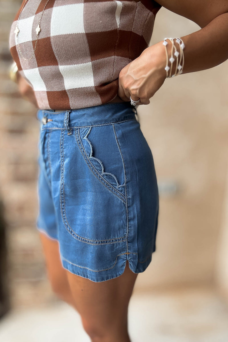 Mable Gone Country Scallop Detail Denim Shorts