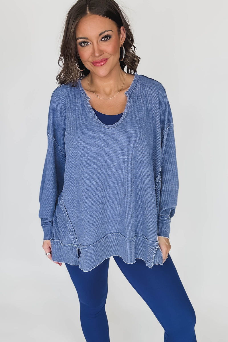 Cotton Blend True Blue Waffle Knit Oversized Long Sleeve