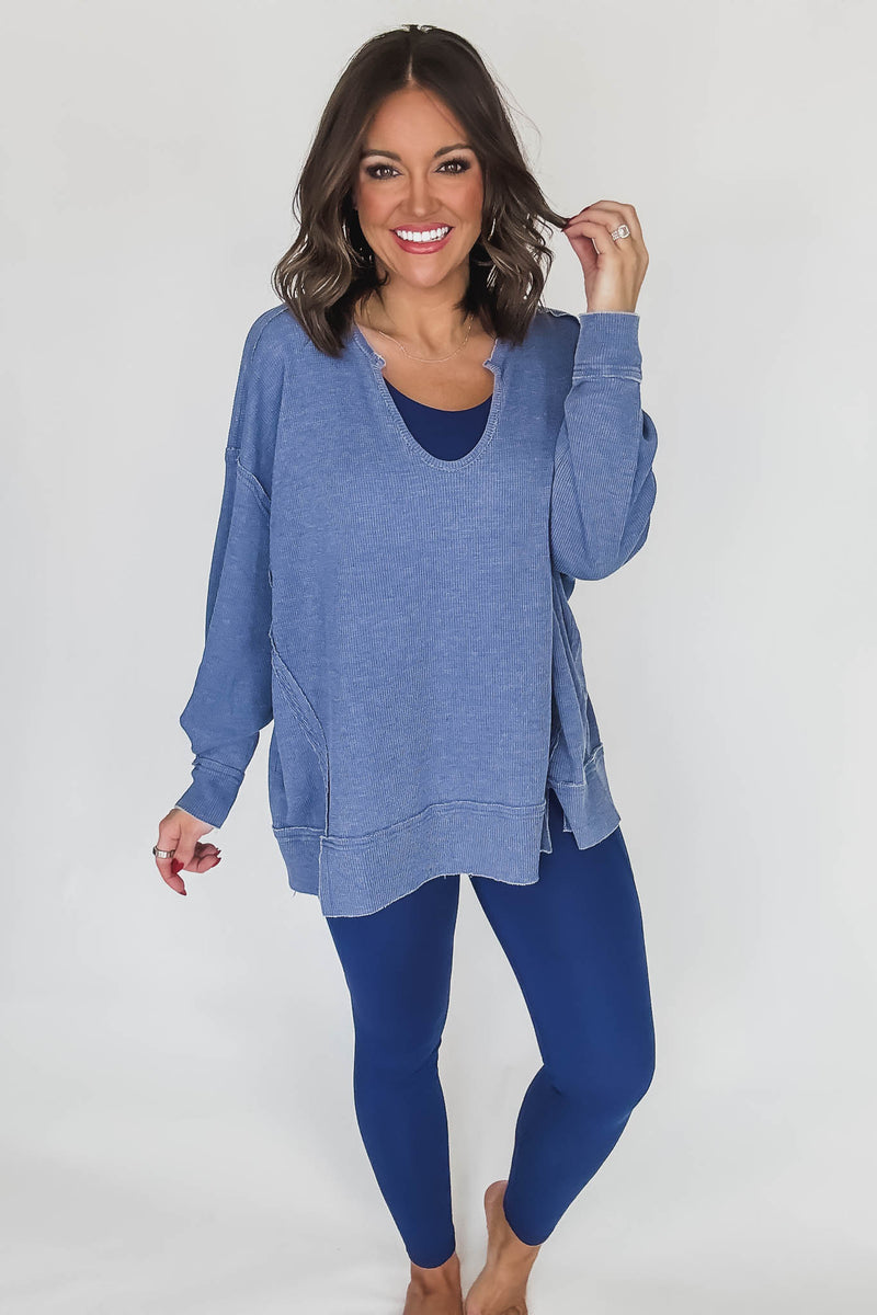 Cotton Blend True Blue Waffle Knit Oversized Long Sleeve