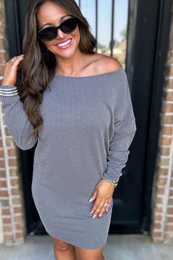 Off The Shoulder Grey Ribbed Dress