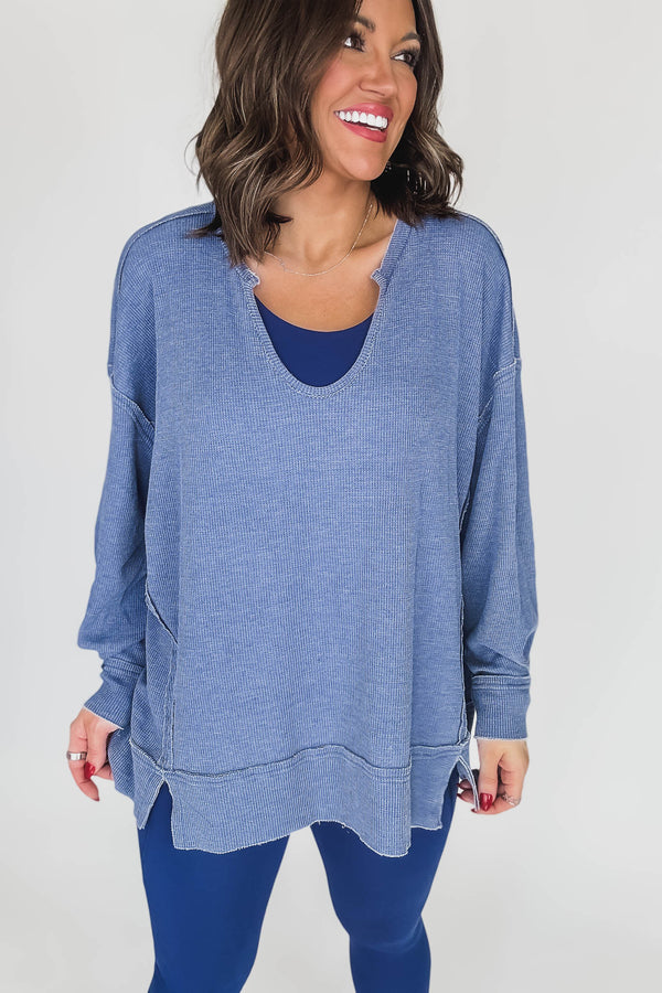 Cotton Blend True Blue Waffle Knit Oversized Long Sleeve